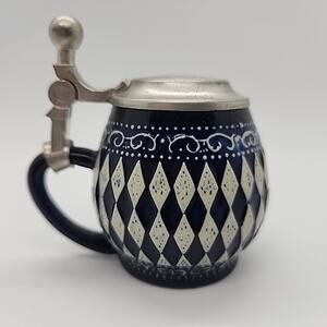 Miniature Stein 95% Zinn Pewter 3in Lidded Cobalt Blue White Harlequin Shot